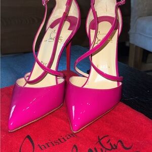 Never worn Christian Louboutin Fuchsia Strappy Heels with red bag